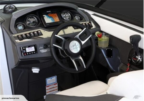 motor boat control panel and steering wheel